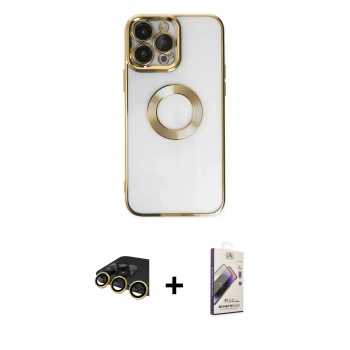 MARSİLYAN™- iPhone 14 Pro Kılıf Pusula Form - Siyah Bilvis 3D Mat Cam Ekran Koruyucu + Raze Metal Kamera Lens - GD