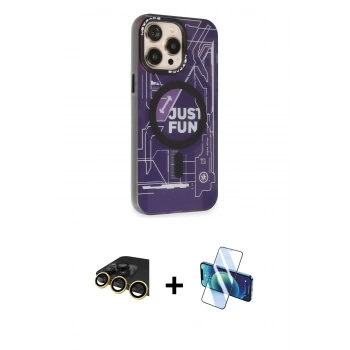 MARSİLYAN™- iPhone 14 Pro Kılıf Siluet Modern Koleksiyonu - Siyah 3D Antistatik Cam Ekran Koruyucu + Raze Metal Kamera Lens - GD