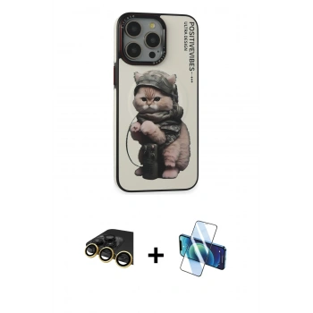 MARSİLYAN™- iPhone 14 Pro Kılıf Siluet Modern Özel Seri - Siyah 3D Antistatik Cam Ekran Koruyucu + Raze Metal Kamera Lens - GD