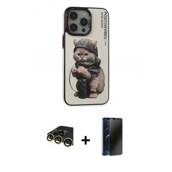 MARSİLYAN™- iPhone 14 Pro Kılıf Siluet Modern Özel Seri - Siyah 3D Antistatik Hayalet Cam Ekran Koruyucu + Raze Metal Kamera Lens - GD