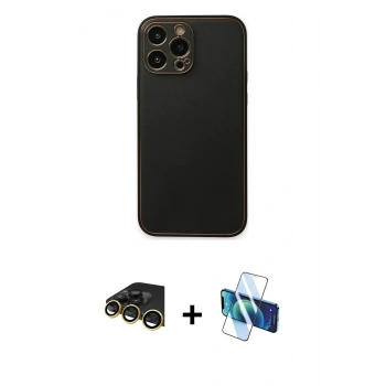 MARSİLYAN™- iPhone 14 Pro Kılıf Yadigar Klasik - Siyah 3D Antistatik Cam Ekran Koruyucu + Raze Metal Kamera Lens - GD