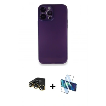 MARSİLYAN™- iPhone 14 Pro Kılıf Yadigar Yansıma Serisi - Siyah 3D Antistatik Cam Ekran Koruyucu + Raze Metal Kamera Lens - GD