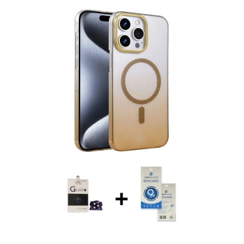 MARSİLYAN™- iPhone 14 Pro Max Kılıf Ahenk Doku Özel Seri - Şeffaf Royal Nano Ekran Koruyucu + Bilvis Titan Kamera Lens - SH