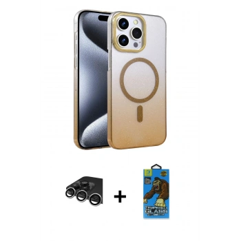 MARSİLYAN™- iPhone 14 Pro Max Kılıf Ahenk Doku Özel Seri - Siyah 18D Cam Ekran Koruyucu + Raze Metal Kamera Lens - GS