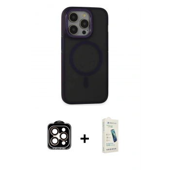MARSİLYAN™- iPhone 14 Pro Max Kılıf Ahenk Form Serisi - Şeffaf Pasifik Cam Ekran Koruyucu + PVD Metal Kamera Lens - TU
