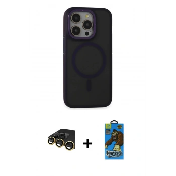 MARSİLYAN™- iPhone 14 Pro Max Kılıf Ahenk Form Serisi - Siyah 18D Cam Ekran Koruyucu + Raze Metal Kamera Lens - GD
