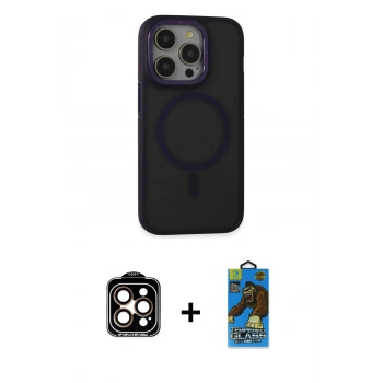 MARSİLYAN™- iPhone 14 Pro Max Kılıf Ahenk Form Serisi - Siyah 18D Cam Ekran Koruyucu + PVD Metal Kamera Lens - TU