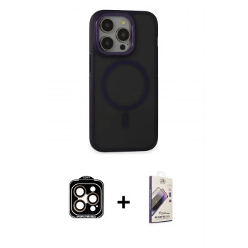 MARSİLYAN™- iPhone 14 Pro Max Kılıf Ahenk Form Serisi - Siyah Bilvis 3D Mat Cam Ekran Koruyucu + PVD Metal Kamera Lens - TU