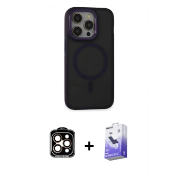 MARSİLYAN™- iPhone 14 Pro Max Kılıf Ahenk Form Serisi - Siyah Bilvis 5in1 5D Magic Hayalet Cam Ekran Koruyucu + PVD Metal Kamera Lens - TU