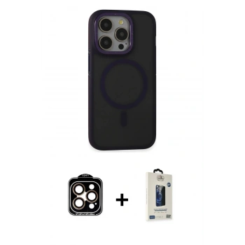MARSİLYAN™- iPhone 14 Pro Max Kılıf Ahenk Form Serisi - Siyah Bilvis Hayalet Cam Ekran Koruyucu + PVD Metal Kamera Lens - TU