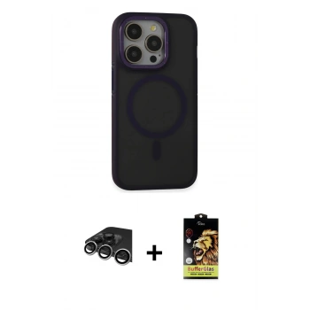 MARSİLYAN™- iPhone 14 Pro Max Kılıf Ahenk Form Serisi - Siyah Buffer Cam Ekran Koruyucu + Raze Metal Kamera Lens - GS