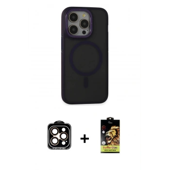 MARSİLYAN™- iPhone 14 Pro Max Kılıf Ahenk Form Serisi - Siyah Buffer Cam Ekran Koruyucu + PVD Metal Kamera Lens - TU