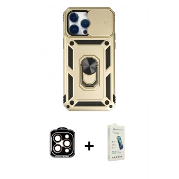 MARSİLYAN™- iPhone 14 Pro Max Kılıf Ahenk Klasik - Şeffaf Pasifik Cam Ekran Koruyucu + PVD Metal Kamera Lens - TU