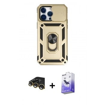 MARSİLYAN™- iPhone 14 Pro Max Kılıf Ahenk Klasik - Siyah Bilvis 5in1 5D Magic Hayalet Cam Ekran Koruyucu + Raze Metal Kamera Lens - GD