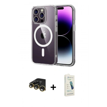MARSİLYAN™- iPhone 14 Pro Max Kılıf Ahenk Minimal Serisi - Şeffaf Pasifik Cam Ekran Koruyucu + Raze Metal Kamera Lens - GD