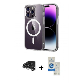 MARSİLYAN™- iPhone 14 Pro Max Kılıf Ahenk Minimal Serisi - Şeffaf Royal Nano Ekran Koruyucu + Raze Metal Kamera Lens - GS
