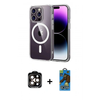 MARSİLYAN™- iPhone 14 Pro Max Kılıf Ahenk Minimal Serisi - Siyah 18D Cam Ekran Koruyucu + PVD Metal Kamera Lens - TU