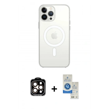 MARSİLYAN™- iPhone 14 Pro Max Kılıf Ahenk Yansıma Prime - Şeffaf Royal Nano Ekran Koruyucu + PVD Metal Kamera Lens - TU