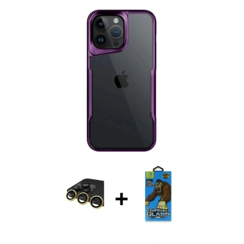 MARSİLYAN™- iPhone 14 Pro Max Kılıf Akış Çizgi Koleksiyonu - Siyah 18D Cam Ekran Koruyucu + Raze Metal Kamera Lens - GD
