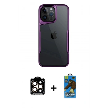 MARSİLYAN™- iPhone 14 Pro Max Kılıf Akış Çizgi Koleksiyonu - Siyah 18D Cam Ekran Koruyucu + PVD Metal Kamera Lens - TU