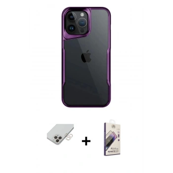 MARSİLYAN™- iPhone 14 Pro Max Kılıf Akış Çizgi Koleksiyonu - Siyah Bilvis 3D Mat Cam Ekran Koruyucu + Band Metal Kamera Lens - GD