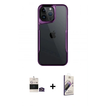 MARSİLYAN™- iPhone 14 Pro Max Kılıf Akış Çizgi Koleksiyonu - Siyah Bilvis 3D Mat Cam Ekran Koruyucu + Bilvis Titan Kamera Lens - GD