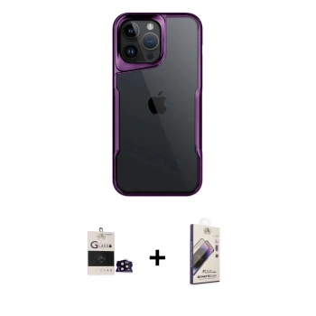 MARSİLYAN™- iPhone 14 Pro Max Kılıf Akış Çizgi Koleksiyonu - Siyah Bilvis 3D Mat Cam Ekran Koruyucu + Bilvis Titan Kamera Lens - SH