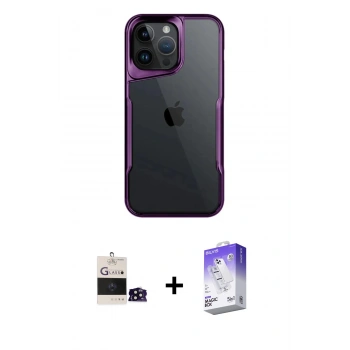 MARSİLYAN™- iPhone 14 Pro Max Kılıf Akış Çizgi Koleksiyonu - Siyah Bilvis 5in1 3D Magic Cam Ekran Koruyucu + Bilvis Titan Kamera Lens - SH