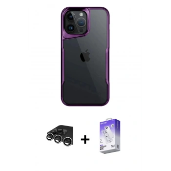 MARSİLYAN™- iPhone 14 Pro Max Kılıf Akış Çizgi Koleksiyonu - Siyah Bilvis 5in1 3D Magic Cam Ekran Koruyucu + Raze Metal Kamera Lens - GS