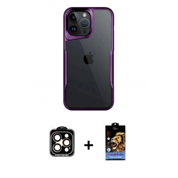 MARSİLYAN™- iPhone 14 Pro Max Kılıf Akış Çizgi Koleksiyonu - Siyah Buffer Hayalet Cam Ekran Koruyucu + PVD Metal Kamera Lens - TU