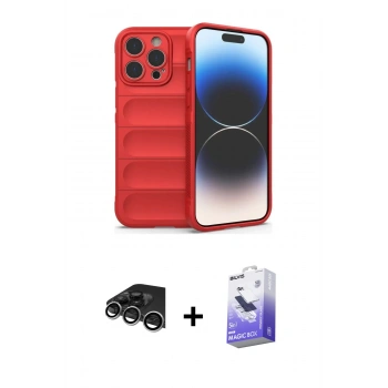 MARSİLYAN™- iPhone 14 Pro Max Kılıf Atlas Koleksiyonu - Siyah Bilvis 5in1 5D Magic Hayalet Cam Ekran Koruyucu + Raze Metal Kamera Lens - GS
