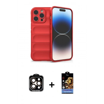 MARSİLYAN™- iPhone 14 Pro Max Kılıf Atlas Koleksiyonu - Siyah Buffer Hayalet Cam Ekran Koruyucu + PVD Metal Kamera Lens - TU