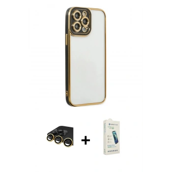 MARSİLYAN™- iPhone 14 Pro Max Kılıf Çekirdek Klasik Serisi - Şeffaf Pasifik Cam Ekran Koruyucu + Raze Metal Kamera Lens - GD