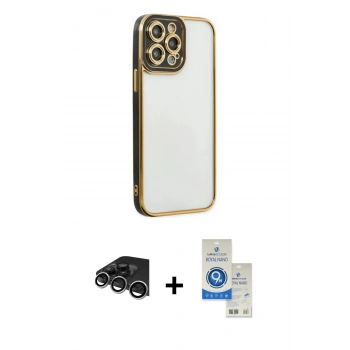 MARSİLYAN™- iPhone 14 Pro Max Kılıf Çekirdek Klasik Serisi - Şeffaf Royal Nano Ekran Koruyucu + Raze Metal Kamera Lens - GS