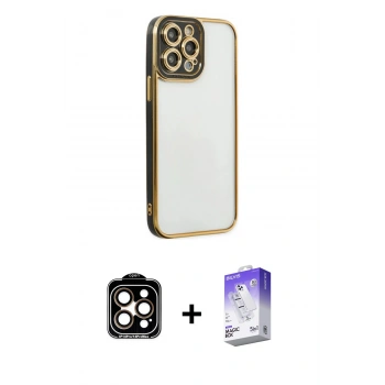 MARSİLYAN™- iPhone 14 Pro Max Kılıf Çekirdek Klasik Serisi - Siyah Bilvis 5in1 3D Magic Cam Ekran Koruyucu + PVD Metal Kamera Lens - TU