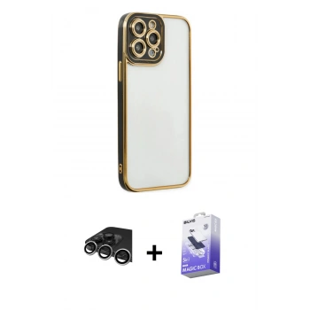 MARSİLYAN™- iPhone 14 Pro Max Kılıf Çekirdek Klasik Serisi - Siyah Bilvis 5in1 5D Magic Hayalet Cam Ekran Koruyucu + Raze Metal Kamera Lens - GS