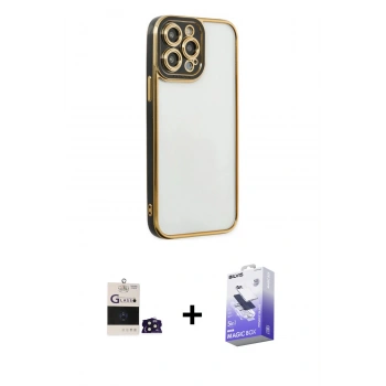 MARSİLYAN™- iPhone 14 Pro Max Kılıf Çekirdek Klasik Serisi - Siyah Bilvis 5in1 5D Magic Hayalet Cam Ekran Koruyucu + Bilvis Titan Kamera Lens - DNMR