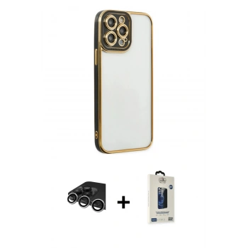 MARSİLYAN™- iPhone 14 Pro Max Kılıf Çekirdek Klasik Serisi - Siyah Bilvis Hayalet Cam Ekran Koruyucu + Raze Metal Kamera Lens - GS