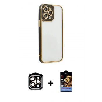 MARSİLYAN™- iPhone 14 Pro Max Kılıf Çekirdek Klasik Serisi - Siyah Buffer Hayalet Cam Ekran Koruyucu + PVD Metal Kamera Lens - TU