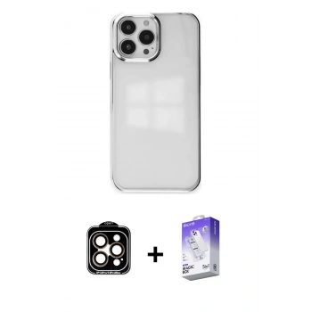 MARSİLYAN™- iPhone 14 Pro Max Kılıf Doruk Doku Prime - Siyah Bilvis 5in1 3D Magic Cam Ekran Koruyucu + PVD Metal Kamera Lens - TU