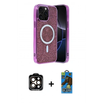 MARSİLYAN™- iPhone 14 Pro Max Kılıf Eksen Çizgi - Siyah 18D Cam Ekran Koruyucu + PVD Metal Kamera Lens - TU