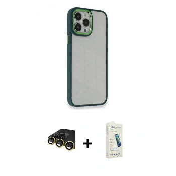 MARSİLYAN™- iPhone 14 Pro Max Kılıf Eksen Doku Prime - Şeffaf Pasifik Cam Ekran Koruyucu + Raze Metal Kamera Lens - GD