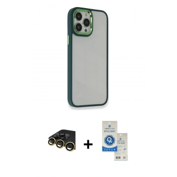MARSİLYAN™- iPhone 14 Pro Max Kılıf Eksen Doku Prime - Şeffaf Royal Nano Ekran Koruyucu + Raze Metal Kamera Lens - GD