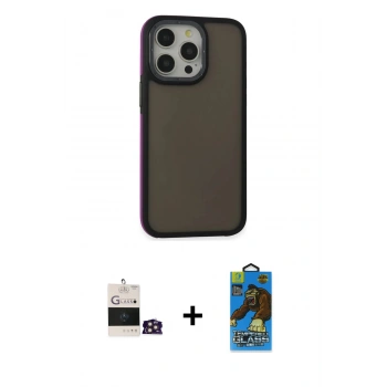 MARSİLYAN™- iPhone 14 Pro Max Kılıf Eksen Işık - Siyah 18D Cam Ekran Koruyucu + Bilvis Titan Kamera Lens - GD