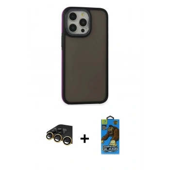 MARSİLYAN™- iPhone 14 Pro Max Kılıf Eksen Işık - Siyah 18D Cam Ekran Koruyucu + Raze Metal Kamera Lens - GD