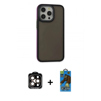 MARSİLYAN™- iPhone 14 Pro Max Kılıf Eksen Işık - Siyah 18D Cam Ekran Koruyucu + PVD Metal Kamera Lens - TU