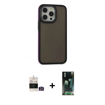 MARSİLYAN™- iPhone 14 Pro Max Kılıf Eksen Işık - Siyah 360 Mat Full Body Arka Koruyucu + Bilvis Titan Kamera Lens - GD