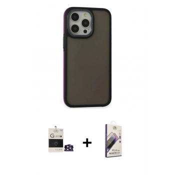 MARSİLYAN™- iPhone 14 Pro Max Kılıf Eksen Işık - Siyah Bilvis 3D Mat Cam Ekran Koruyucu + Bilvis Titan Kamera Lens - GS