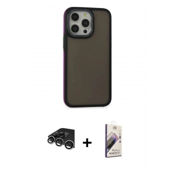 MARSİLYAN™- iPhone 14 Pro Max Kılıf Eksen Işık - Siyah Bilvis 3D Mat Cam Ekran Koruyucu + Raze Metal Kamera Lens - GS