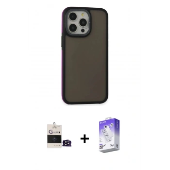 MARSİLYAN™- iPhone 14 Pro Max Kılıf Eksen Işık - Siyah Bilvis 5in1 3D Magic Cam Ekran Koruyucu + Bilvis Titan Kamera Lens - SH